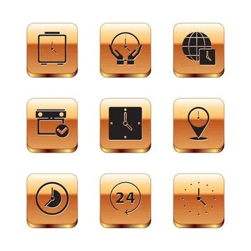 Set Alarm clock, Clock, 24 hours, Calendar with check mark, World time, and icon Stock Illustration