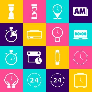 Set Alarm clock, Clock, on laptop, Location with, Digital alarm, Stopwatch, Old Stock Illustration