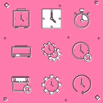Set Alarm clock, Clock, Stopwatch, Digital alarm, Time Management, delete Illustrazione stock