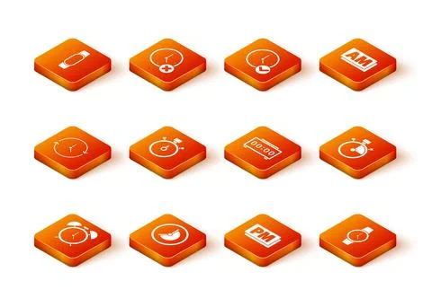 Set Alarm clock, Clock, Stopwatch, PM, Digital alarm, Wrist and icon. Vector Illustrazione stock