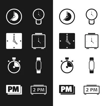 Set Alarm clock, Clock, Stopwatch, Smartwatch, Digital alarm and PM icon. Vector Illustrazione stock