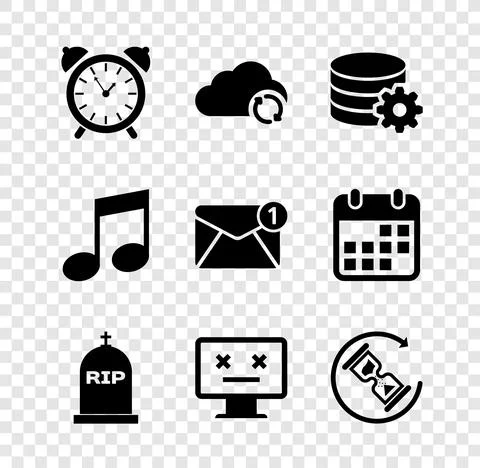 Set Alarm clock, Cloud sync refresh, Setting database server, Tombstone with RIP 스톡 일러스트