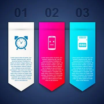 Set Alarm clock, Dead mobile and SSD card. Business infographic template. Vec Stock Illustration