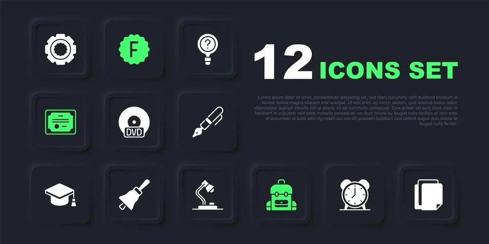 Set Alarm clock, File document, CD or DVD disk, School backpack, Certificat.. Stock Illustration