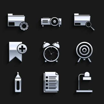 Set Alarm clock, File document, Table lamp, Target, Marker pen, Bookmark, S.. Stock Illustration