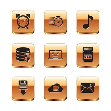 Set Alarm clock, Floppy disk backup, Cloud database, Dead laptop, Database Illustrazione stock