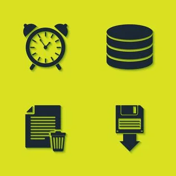 Set Alarm clock, Floppy disk backup, Delete file document and Database icon イラスト素材