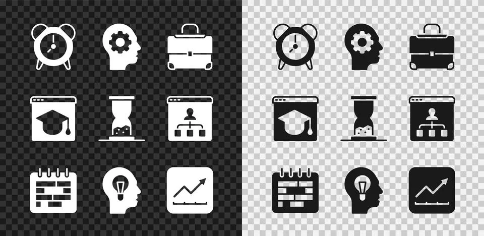 Set Alarm clock, Human head with gear inside, Briefcase, Calendar, lamp bulb Stock-Illustration