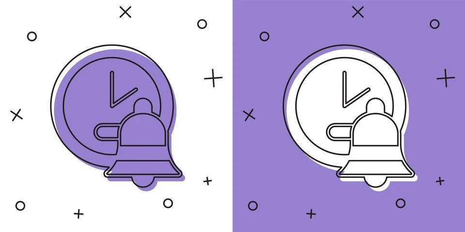 Set Alarm clock icon isolated on white and purple background. Wake up, get up Ilustração Stock