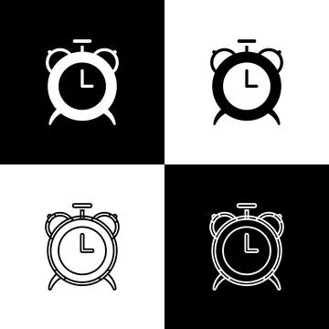Set Alarm clock icon isolated on black and white background. Wake up, get up Stock Illustration