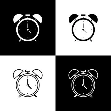 Set Alarm clock icon isolated on black and white background. Wake up, get up  Ilustração Stock
