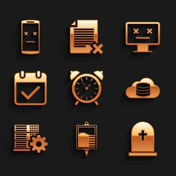 Set Alarm clock, IV bag, Tombstone with cross, Cloud database, Server setting Stockillustratie