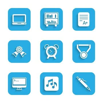 Set Alarm clock, Music note, tone, Pen, Medal, Computer monitor, Exam sheet with Stock Illustration