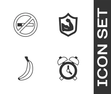 Set Alarm clock, No Smoking, Banana and Bodybuilder muscle icon. Vector Stock Illustration