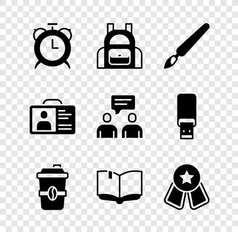 Set Alarm clock, School backpack, Paint brush, Coffee cup to go, Open book Stock Illustration