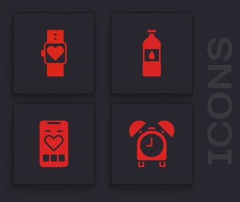 Set Alarm clock, Smart watch, Bottle of water and Mobile with heart rate icon Stock Illustration