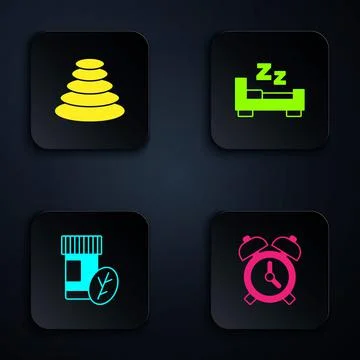 Set Alarm clock, Stack hot stones, Vitamin pill and Time sleep. Black square Stock Illustration