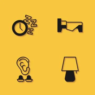 Set Alarm clock, Table lamp, Earplugs and ear and Bed icon with long shadow Ilustración de archivo