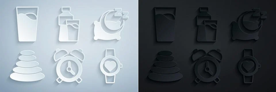 Set Alarm clock, Time to sleep, Stack hot stones, Smart watch, Bottle of water Stock Illustration