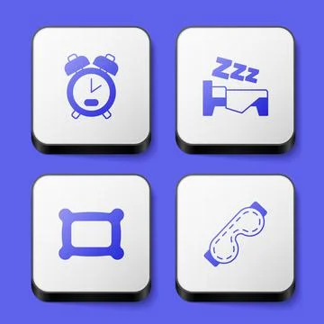 Set Alarm clock, Time to sleep, Pillow and Eye mask icon. White square button 스톡 일러스트