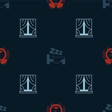 Set Alarm clock, Time to sleep and Window with curtains on seamless pattern Stock Illustration