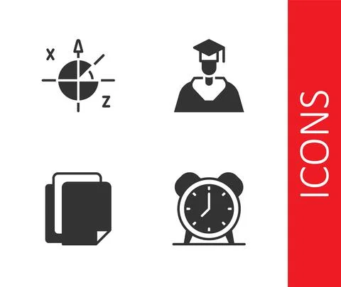 Set Alarm clock, Trigonometric circle, File document and Graduate and graduation Illustrazione stock