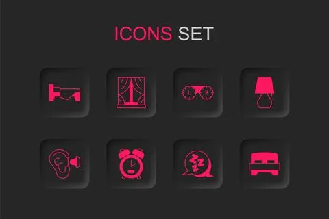 Set Alarm clock, Window with curtains, Bed, Sleepy, Table lamp, Big bed, Co.. Ilustración de archivo