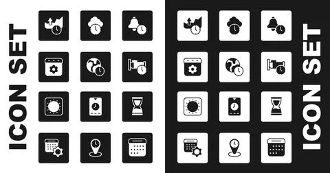 Set Alarm clock, World time, Calendar spring, Stocks market growth graphs, .. Illustrazione stock
