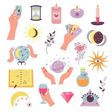 Set of alchemy esoteric mystical magic elements. Witchcraft magical stickers. Stock Illustration