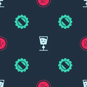Set Alcohol 18 plus, Wine glass and Bottle cap on seamless pattern. Vector Stock Illustration