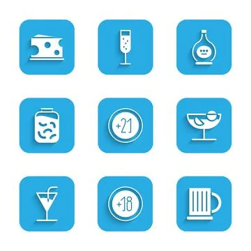 Set Alcohol 21 plus, 18, Wooden beer mug, Cocktail, Pickled cucumbers in jar Stock Illustration