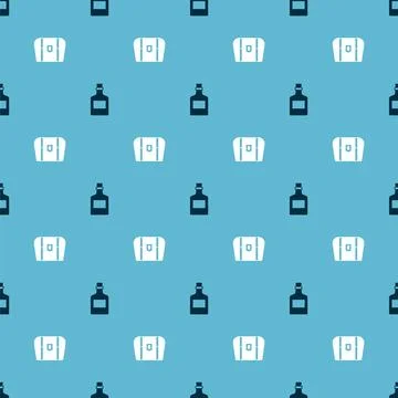 Set Alcohol drink Rum and Antique treasure chest on seamless pattern. Vector Stock Illustration