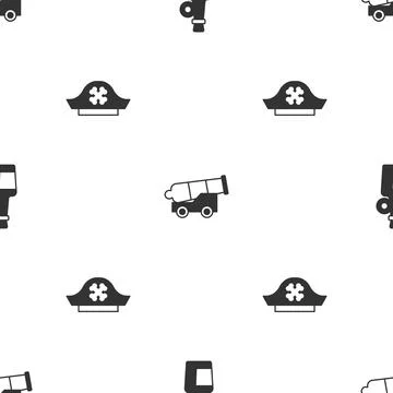 Set Alcohol drink Rum, Cannon and Pirate hat on seamless pattern. Vector Stock Illustration
