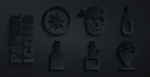 Set Alcohol drink Rum, Gallows rope loop hanging, Location pirate, Skull and Stock Illustration