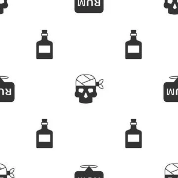 Set Alcohol drink Rum, Pirate captain and on seamless pattern. Vector Stock Illustration