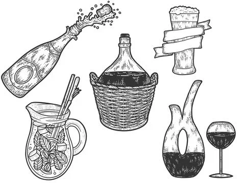 Set of alcoholic drinks. Sketch scratch board imitation. Black and white. Stock Illustration