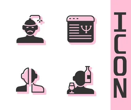 Set Alcoholism, Concussion, headache, Bipolar disorder and Online psycholog.. Stock Illustration