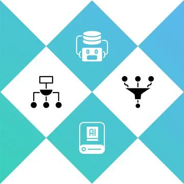 Set Algorithm, Artificial intelligence AI, robot and Funnel filter icon. Vector Stock Illustration