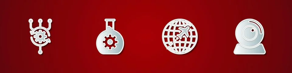 Set Algorithm, Bioengineering, Globe with flying plane and Web camera icon Stock Illustration