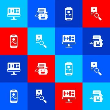 Set Algorithm, Chat bot, Mobile phone and Photo retouching icon. Vector Illustrazione stock