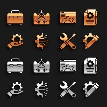 Set Algorithm, Document settings and pen, Pencil gear, Screwdriver wrench Stock Illustration
