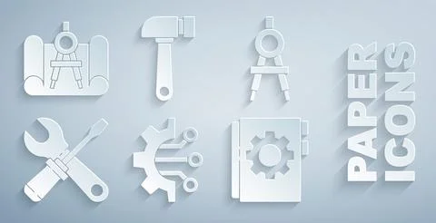 Set Algorithm, Drawing compass, Screwdriver and wrench spanner, User manual Stock Illustration