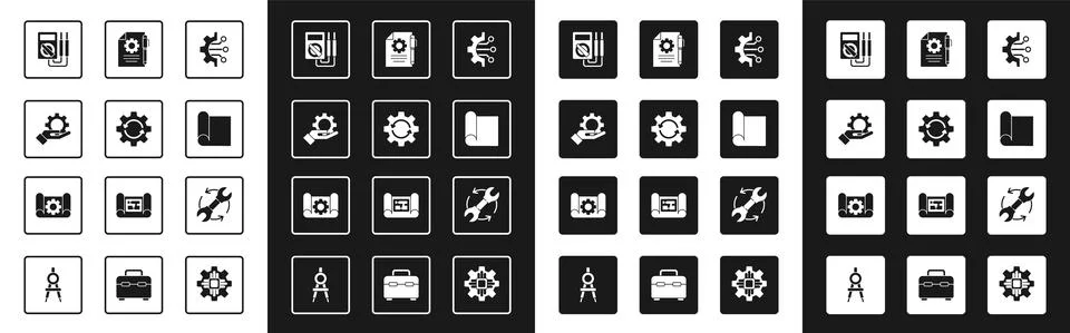 Set Algorithm, Gear and arrows as workflow, Settings in the hand, Multimeter 스톡 일러스트
