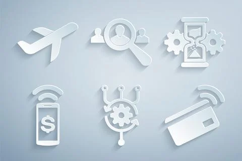 Set Algorithm, Hourglass and gear, Contactless payment, , Magnifying for search Stock Illustration
