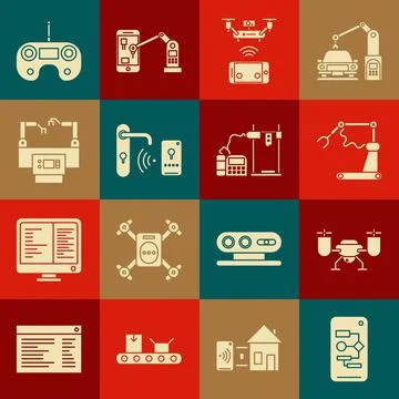 Set Algorithm, Industrial machine robotic robot arm hand factory, Remote aerial 库存插图