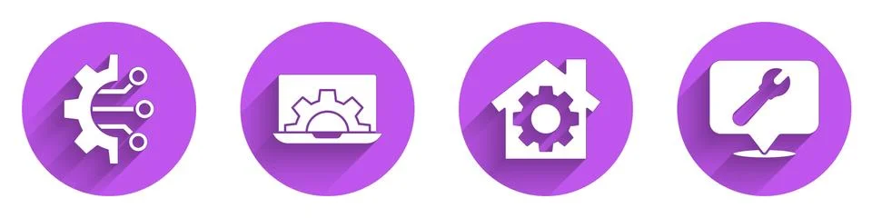 Set Algorithm, Laptop and gear, House with gear and Location with wrench spanner Stock Illustration
