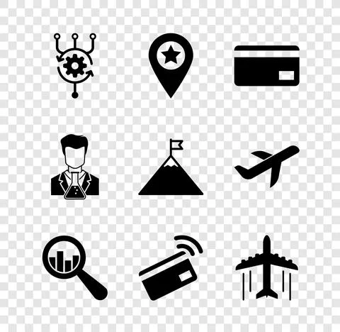 Set Algorithm, Location with star, Credit card, Magnifying glass and analysis Stock Illustration