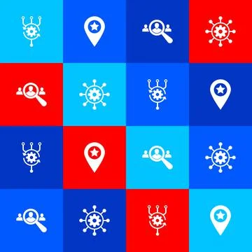 Set Algorithm, Location with star, Magnifying glass for search people and Stock Illustration