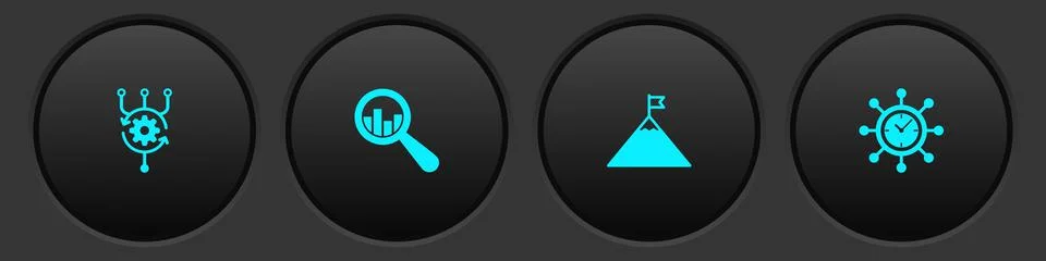 Set Algorithm, Magnifying glass and analysis, Mountains flag and Clock gear icon イラスト素材