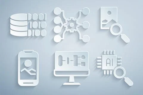 Set Algorithm, Photo retouching, Mobile phone, Processor CPU, Neural network and Stock Illustration